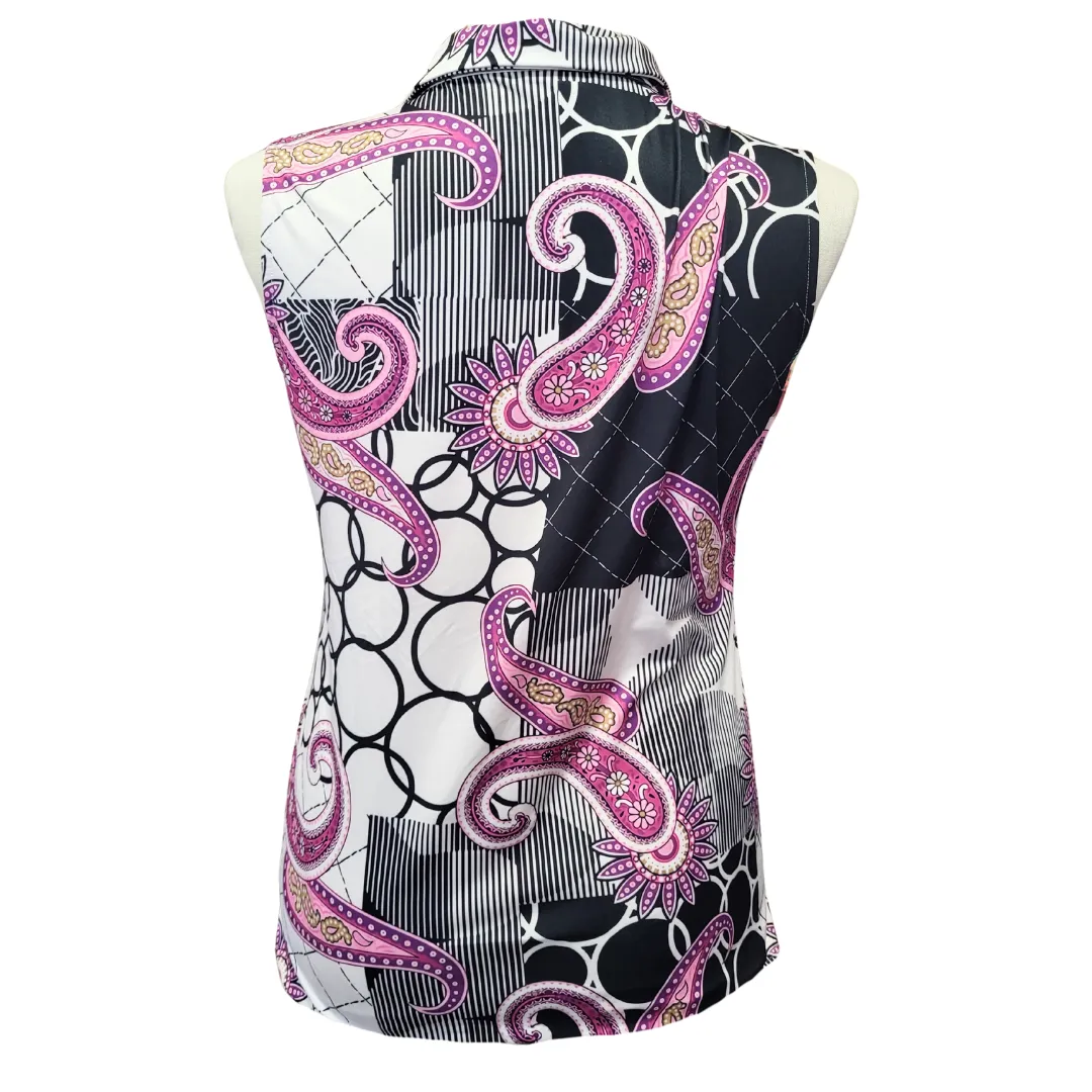 Acegolfs Purple, Black & White Paisley Collage Sleeveless Top Size XL