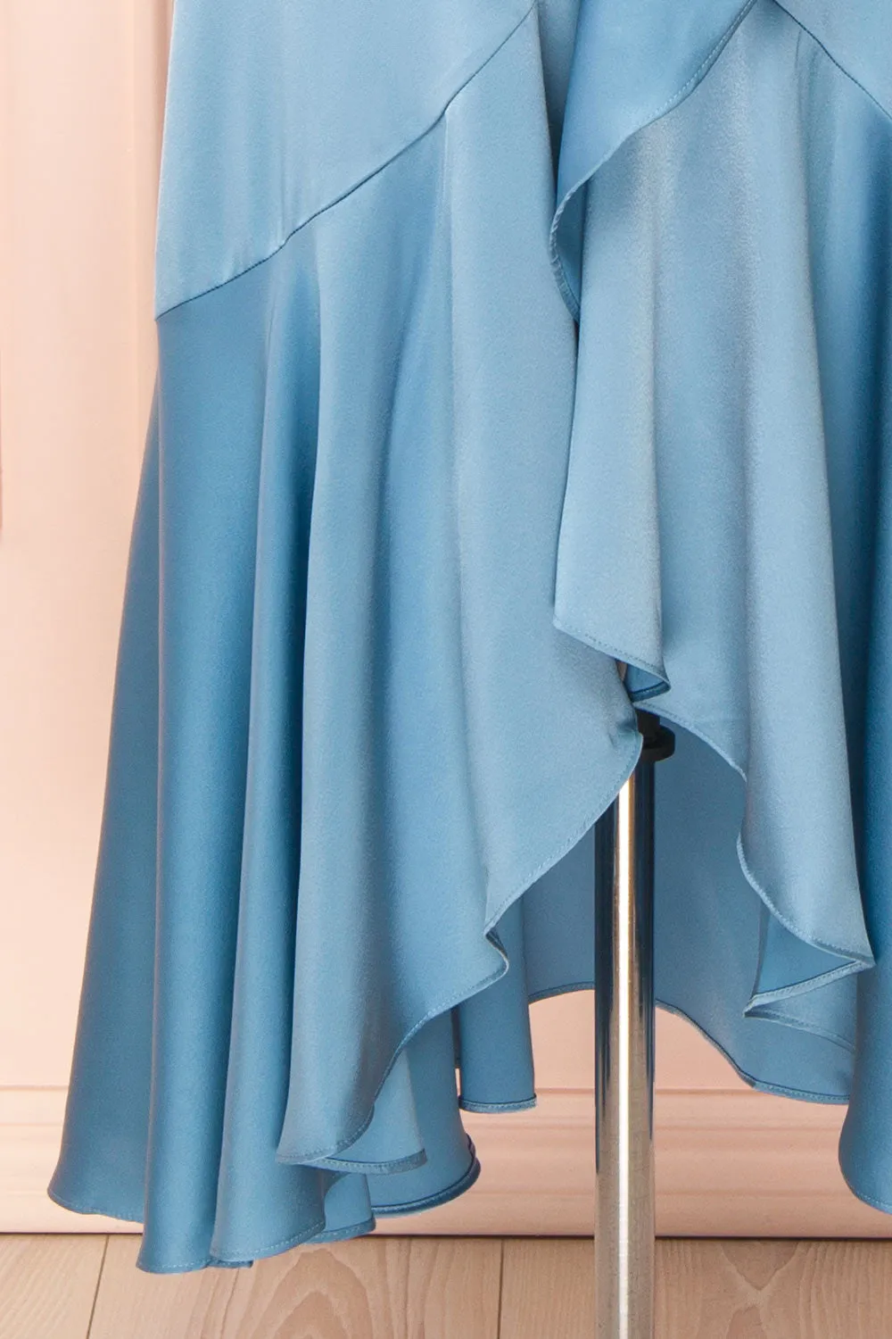 Akamari | Long Satin Blue Wrap Dress