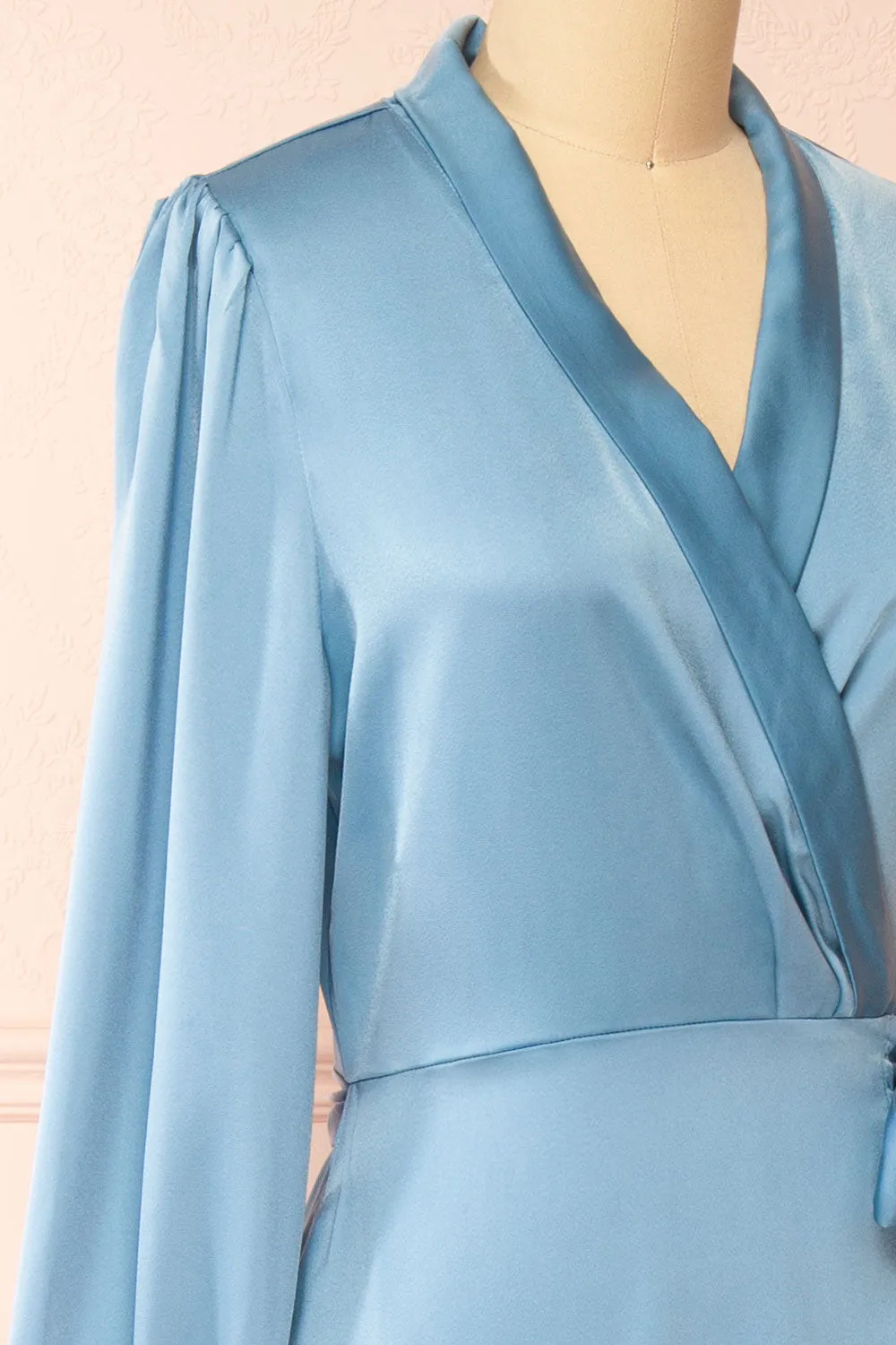 Akamari | Long Satin Blue Wrap Dress