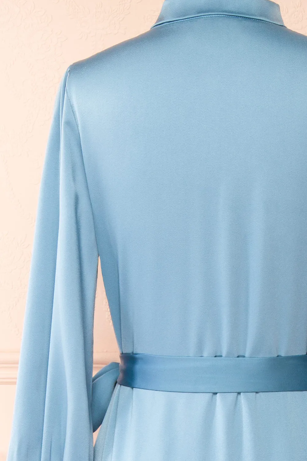 Akamari | Long Satin Blue Wrap Dress