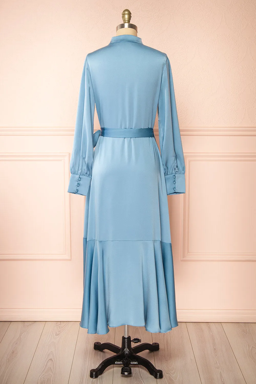 Akamari | Long Satin Blue Wrap Dress