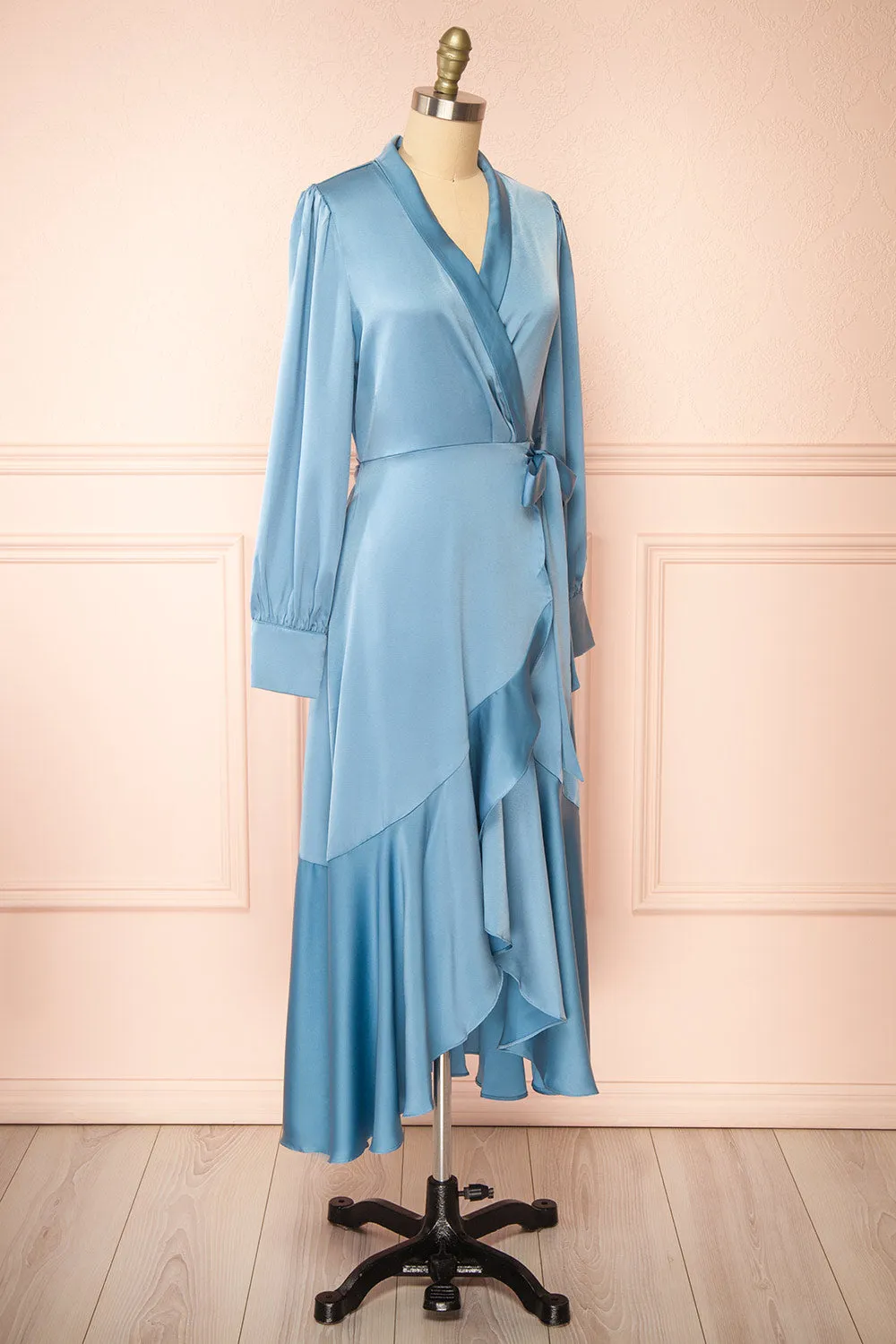 Akamari | Long Satin Blue Wrap Dress