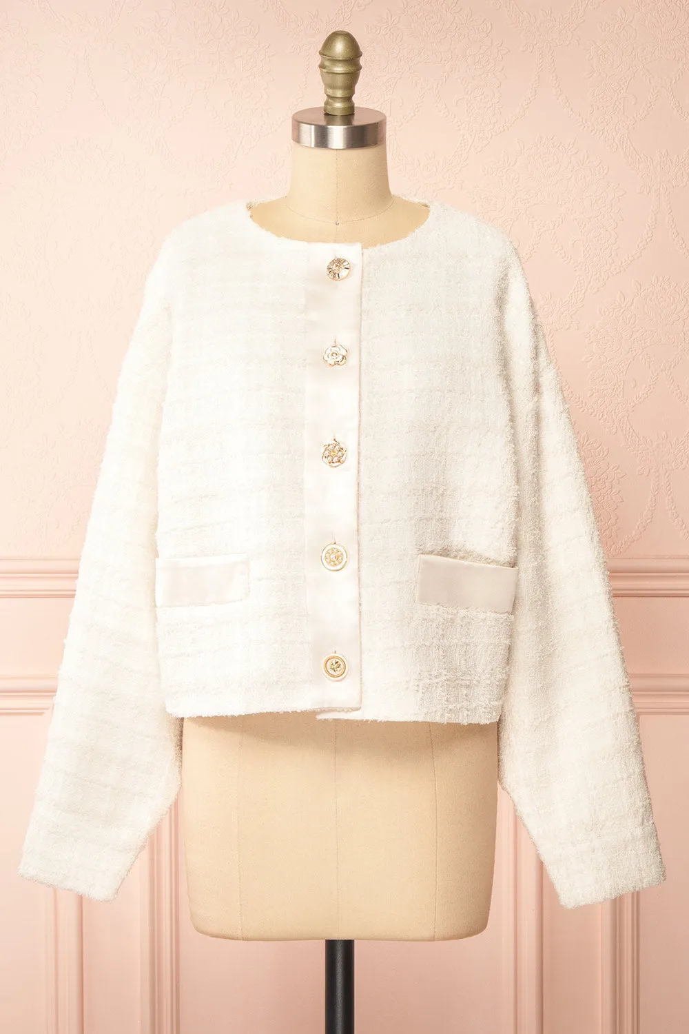Anissa | Jewel Button-Up Ivory Tweed Jacket