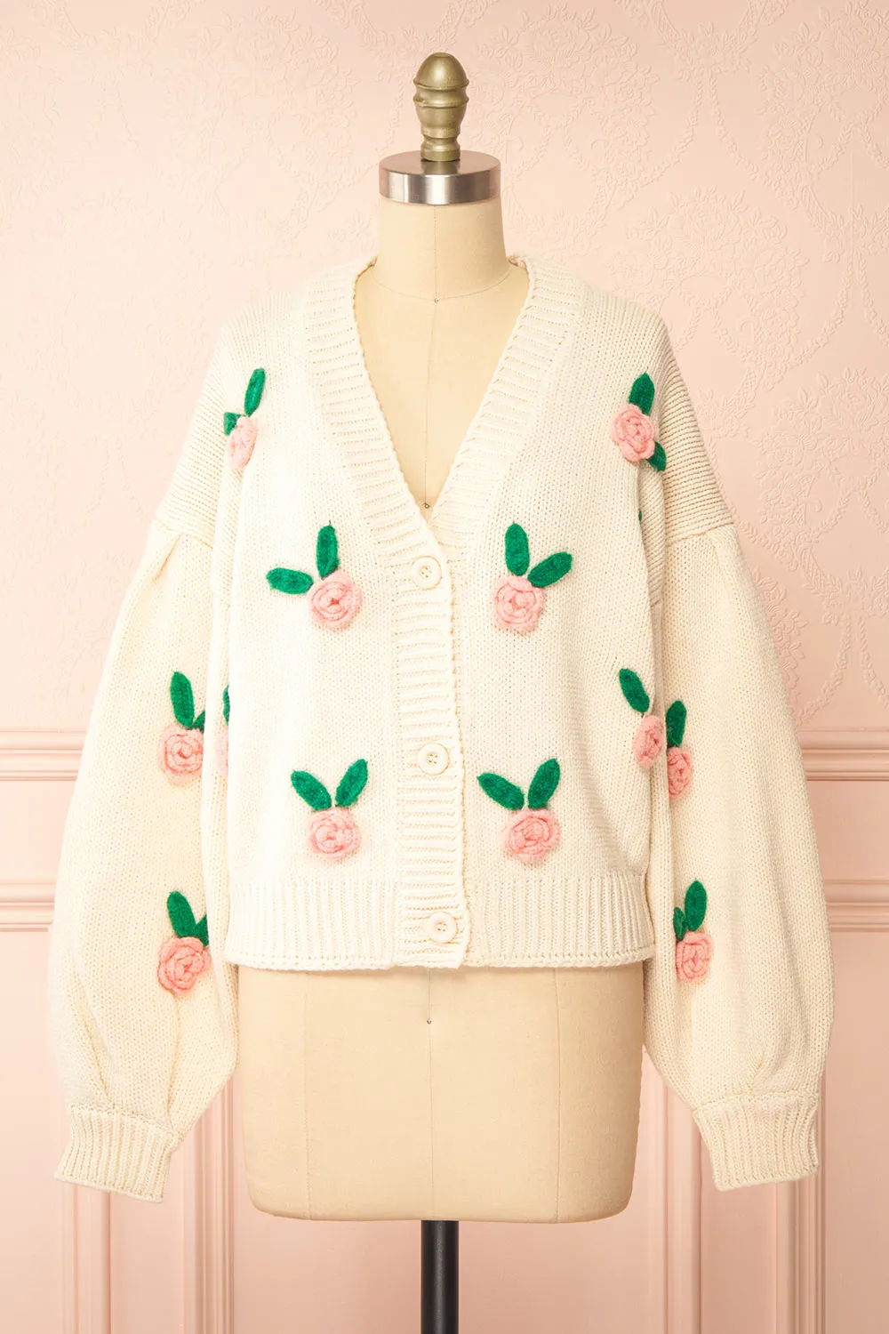 Annalee | Beige Knit Cardigan wih 3D Flowers