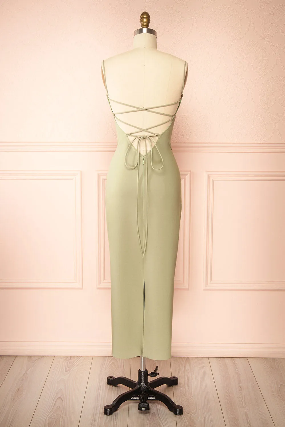 Arannia Sage | Fitted Midi Dress w/ Laced Back