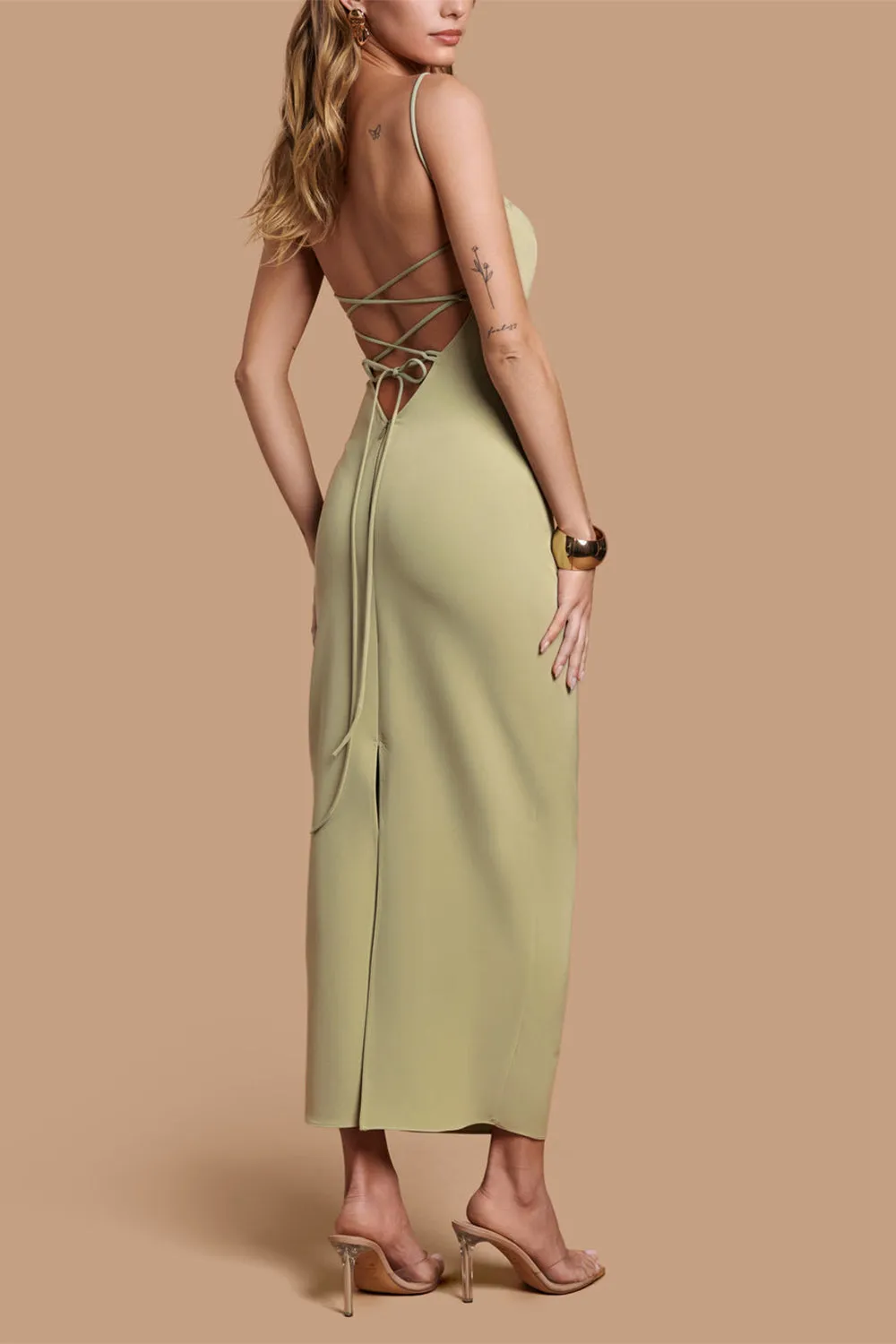 Arannia Sage | Fitted Midi Dress w/ Laced Back