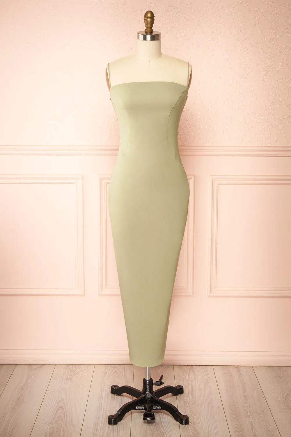 Arannia Sage | Fitted Midi Dress w/ Laced Back