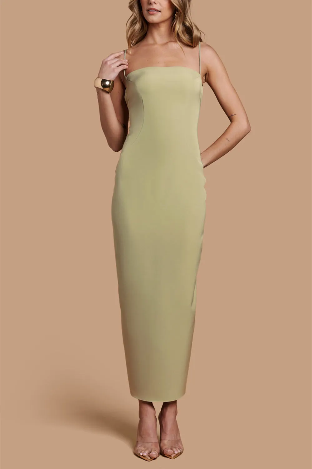 Arannia Sage | Fitted Midi Dress w/ Laced Back