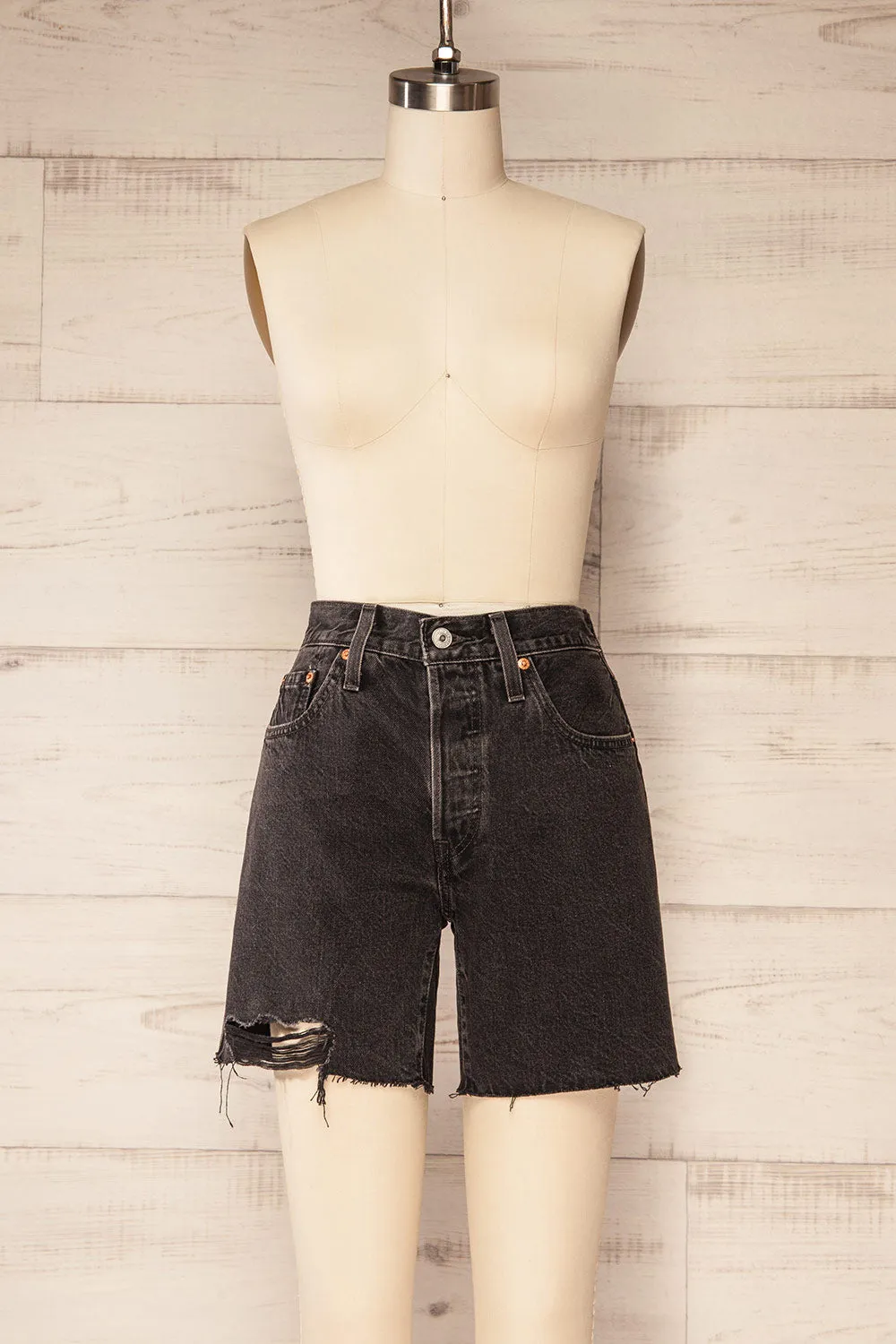 Aviles | Distressed Black High Rise Shorts