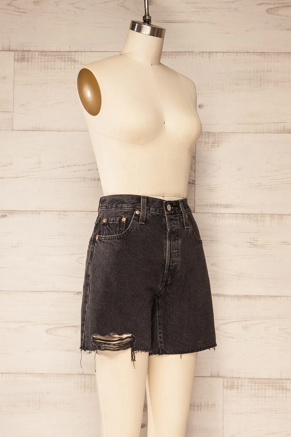 Aviles | Distressed Black High Rise Shorts