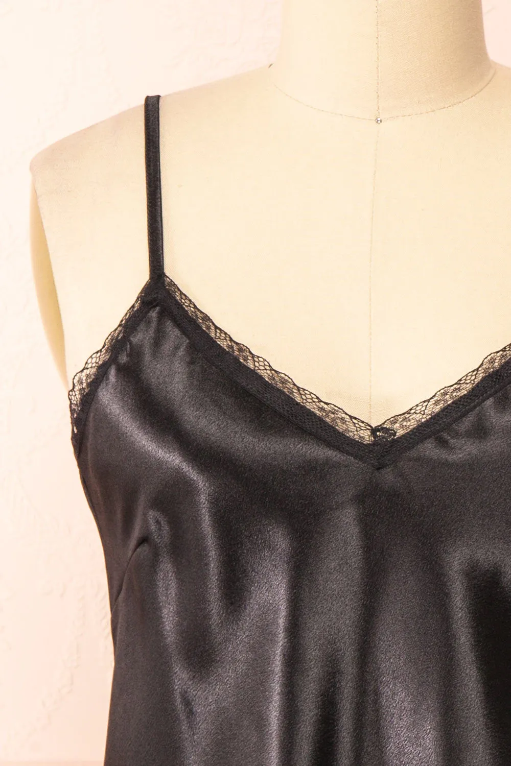 Azula Black | Satin Cami Top w/ Lace Trim