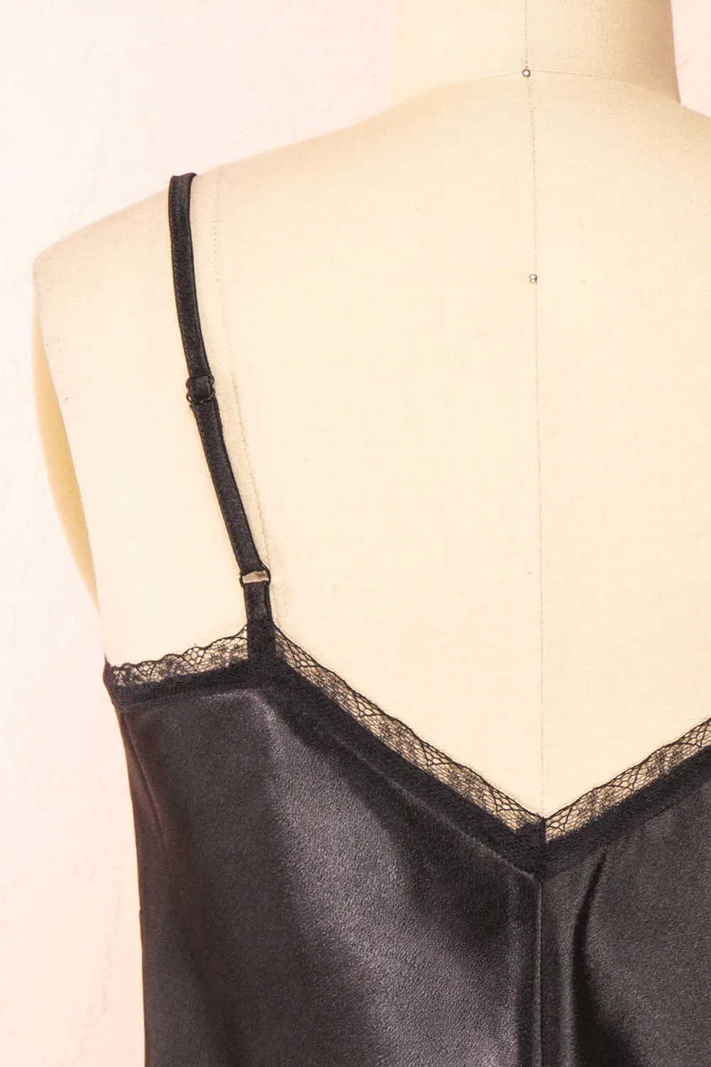 Azula Black | Satin Cami Top w/ Lace Trim