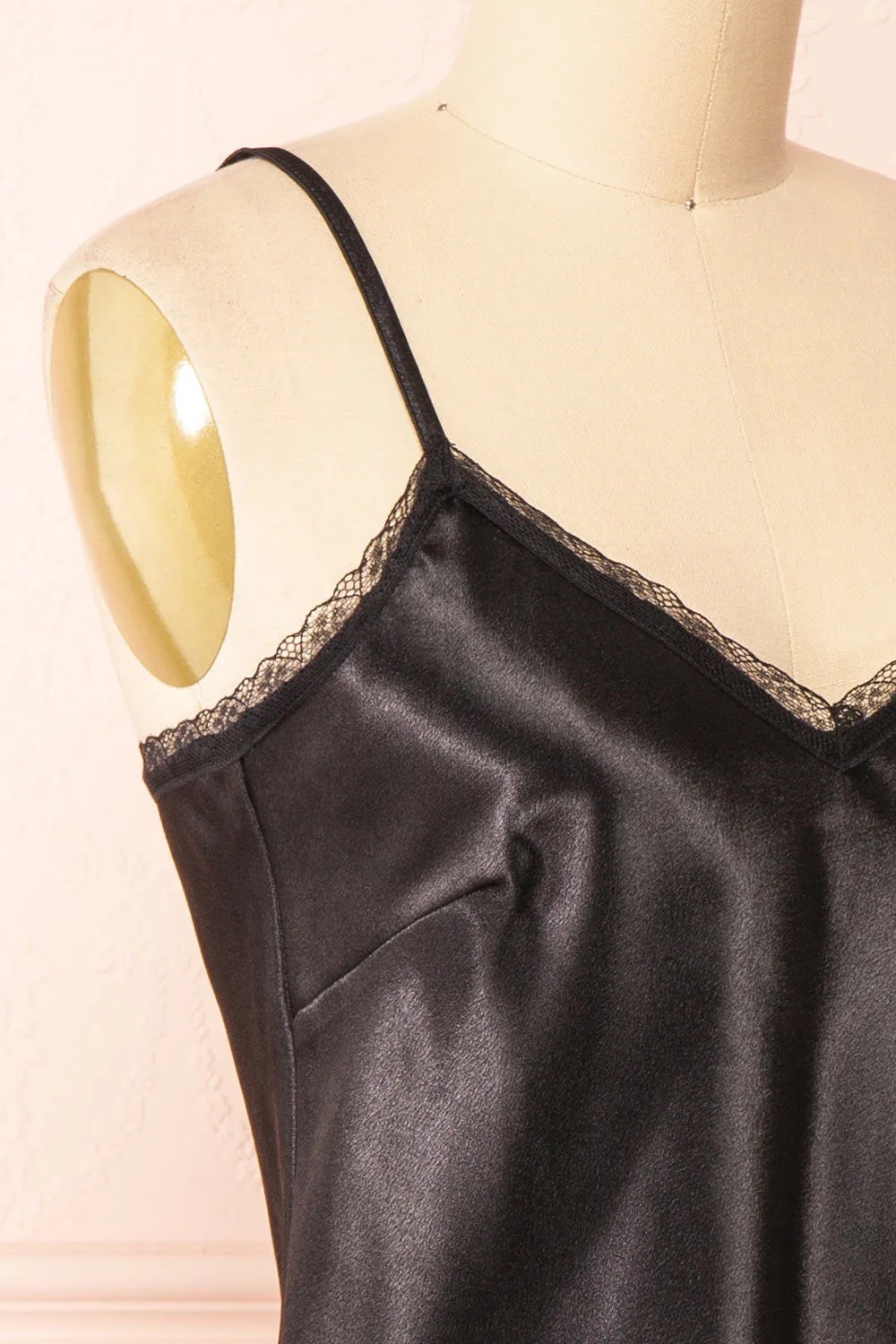 Azula Black | Satin Cami Top w/ Lace Trim