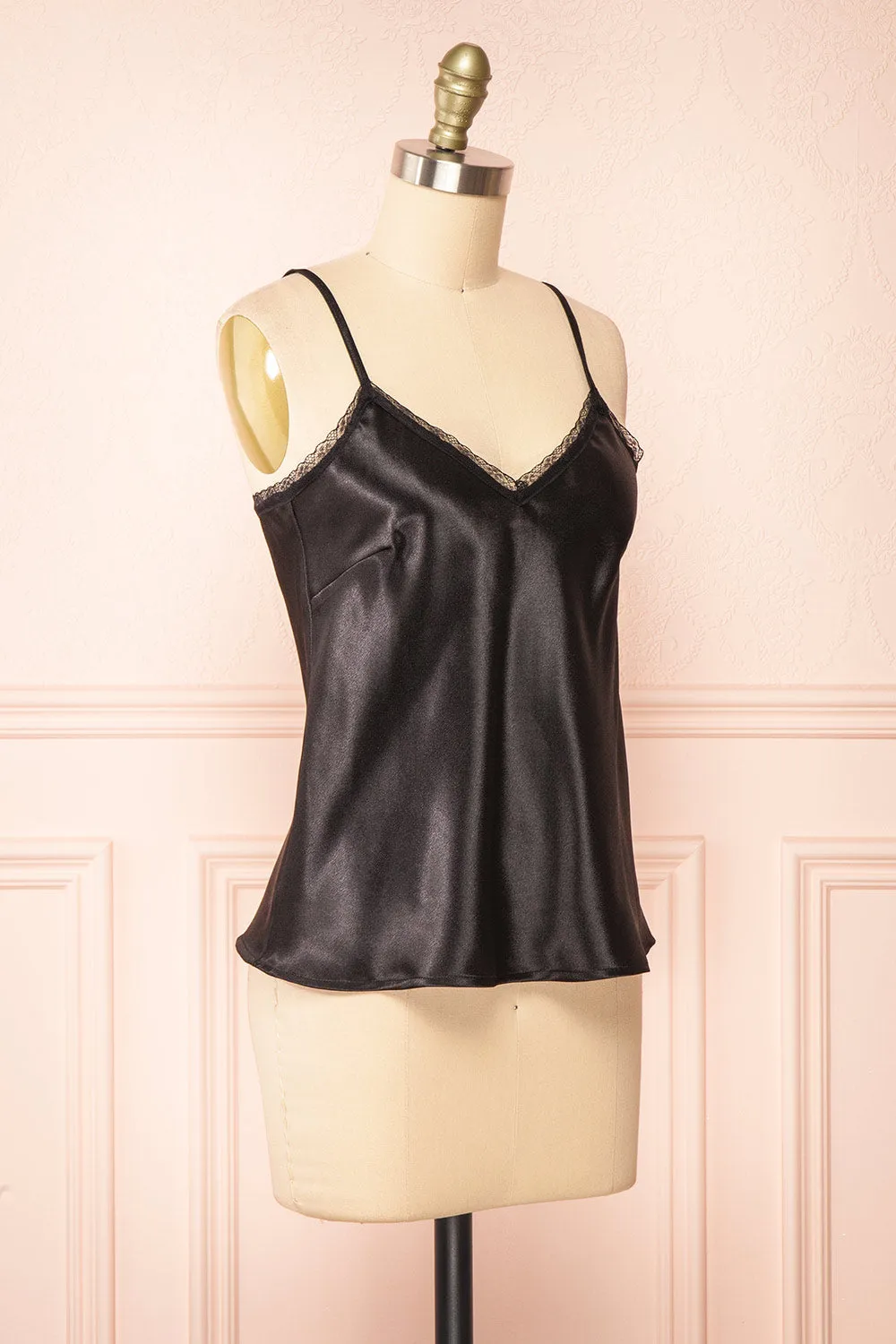 Azula Black | Satin Cami Top w/ Lace Trim