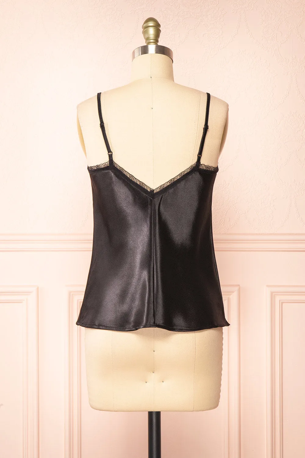 Azula Black | Satin Cami Top w/ Lace Trim