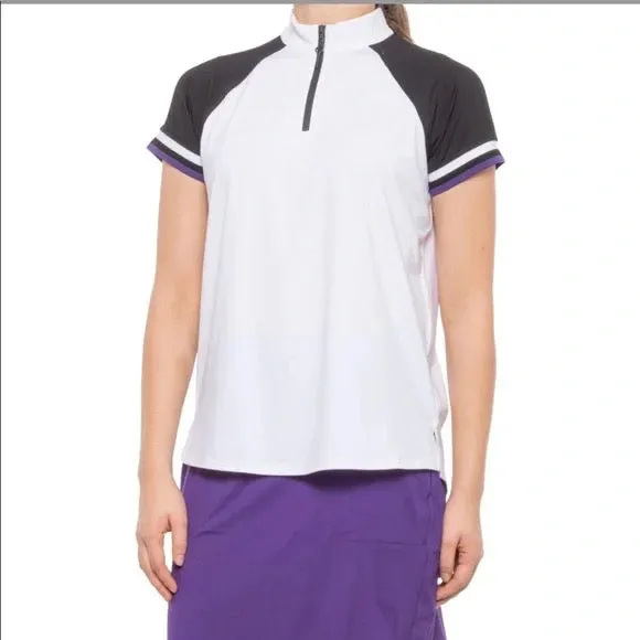 Belyn Key Cap Sleeve White Black & Purple Mock Neck Golf Polo Size XXL