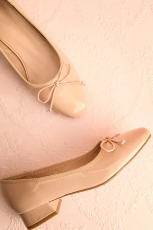 Beverlie Beige | Heeled Ballerina Shoes w/ Bow