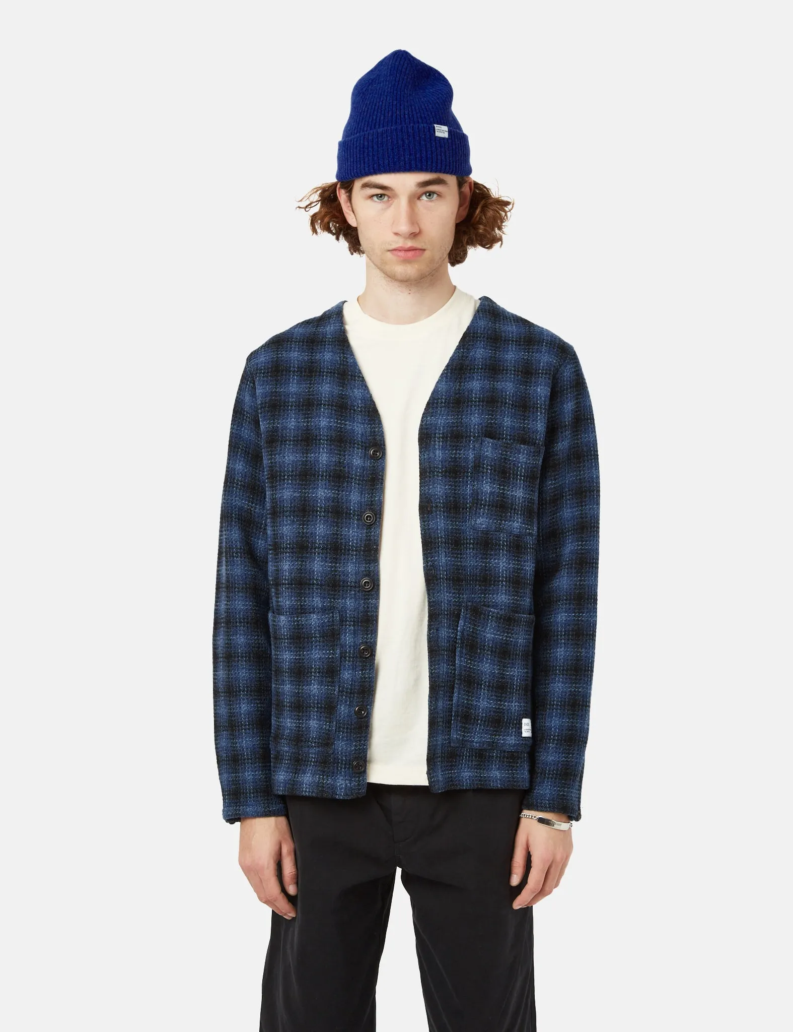 Bhode Japan Cardigan (3D Check) - Navy Blue