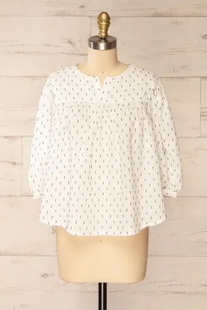 Brampton | White 3/4 Sleeve Blouse w/ Embroidery