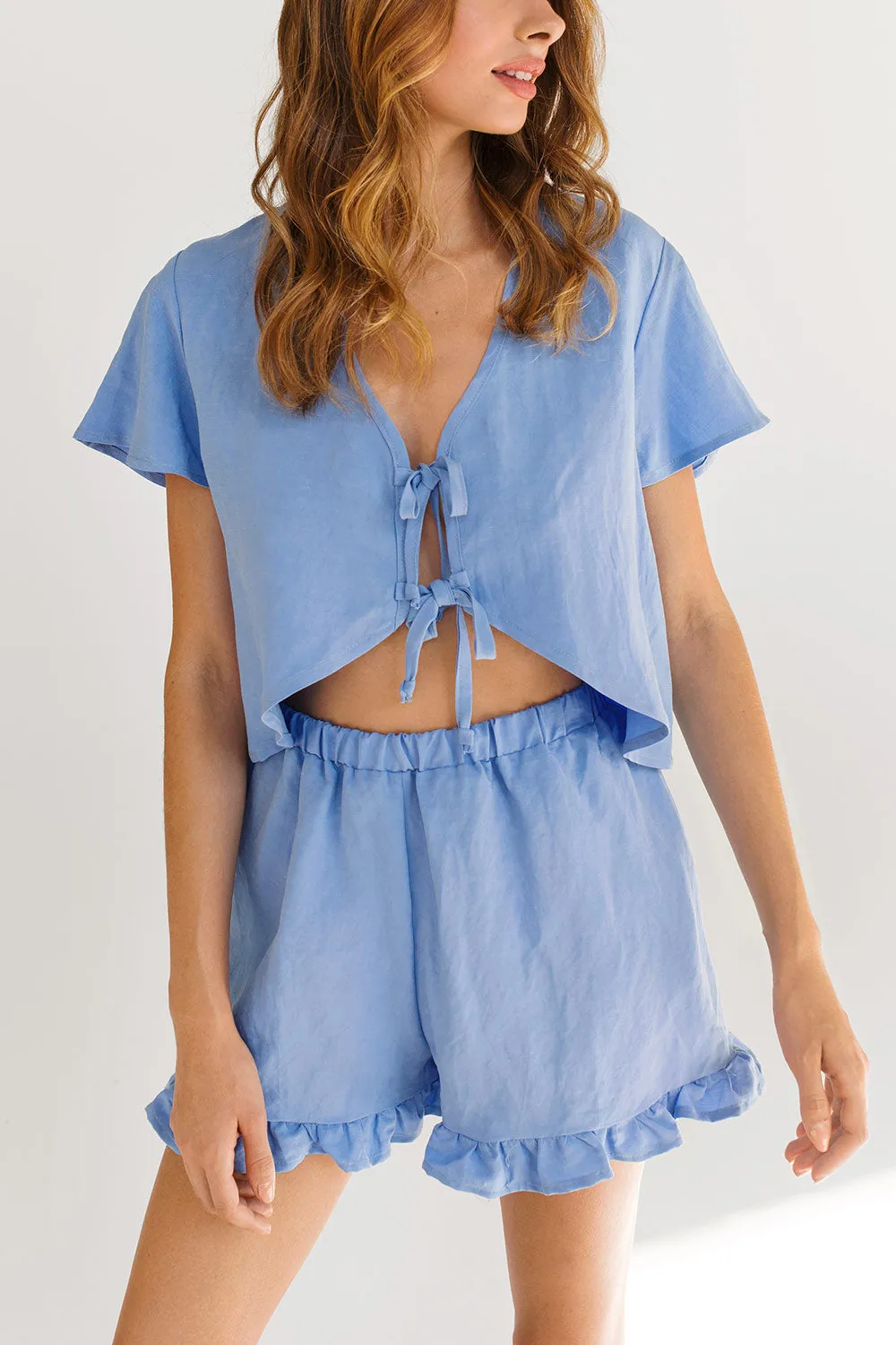 Camelie Blue | Shorts with Ruffled Trim & Elastic Waist by Dailystory Montreal