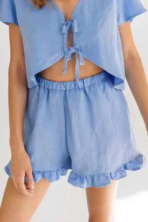 Camelie Blue | Shorts with Ruffled Trim & Elastic Waist by Dailystory Montreal