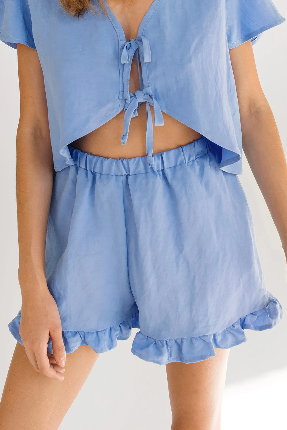 Camelie Blue | Shorts with Ruffled Trim & Elastic Waist by Dailystory Montreal