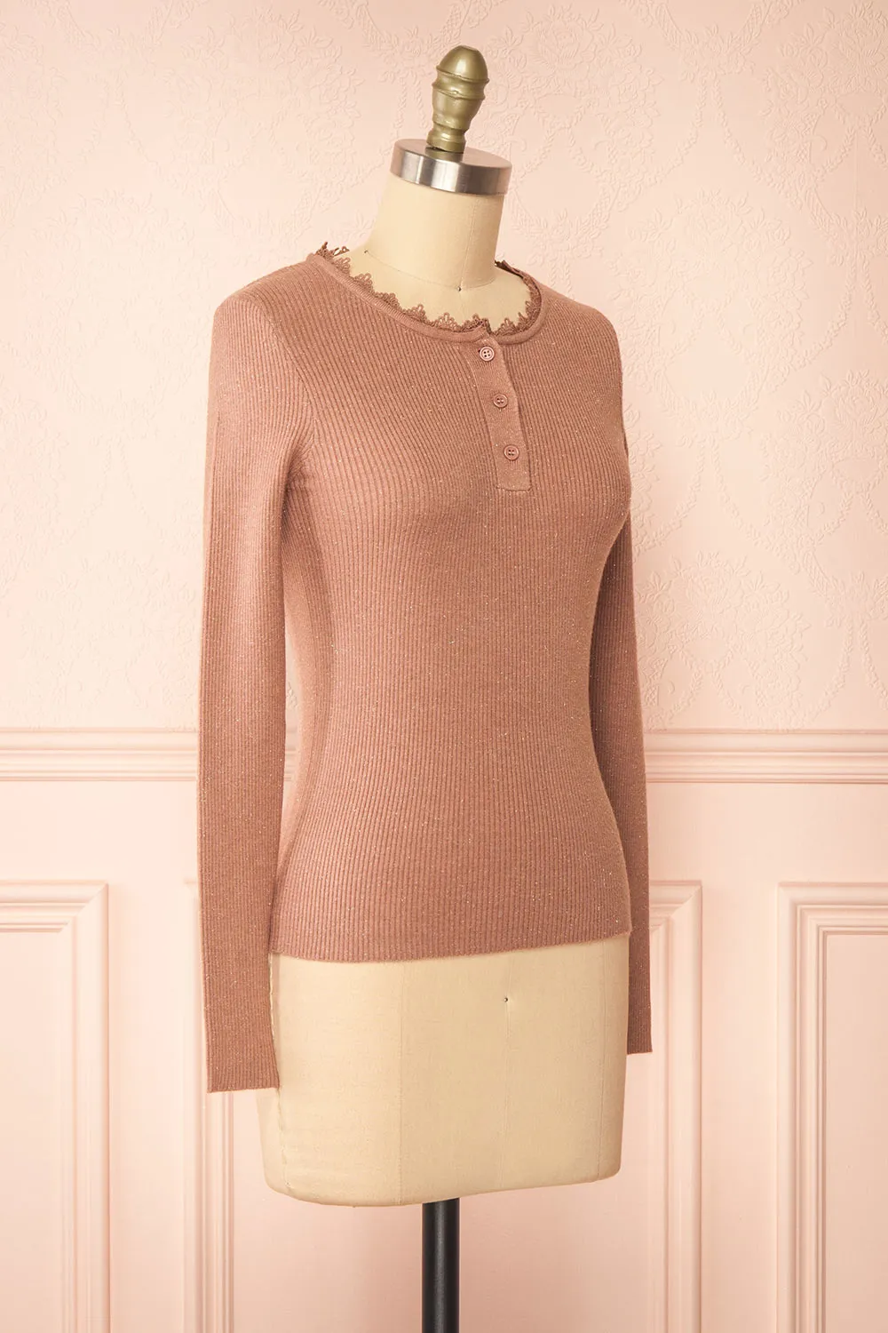 Candra | Mauve Ribbed Top w/ Lace Collar