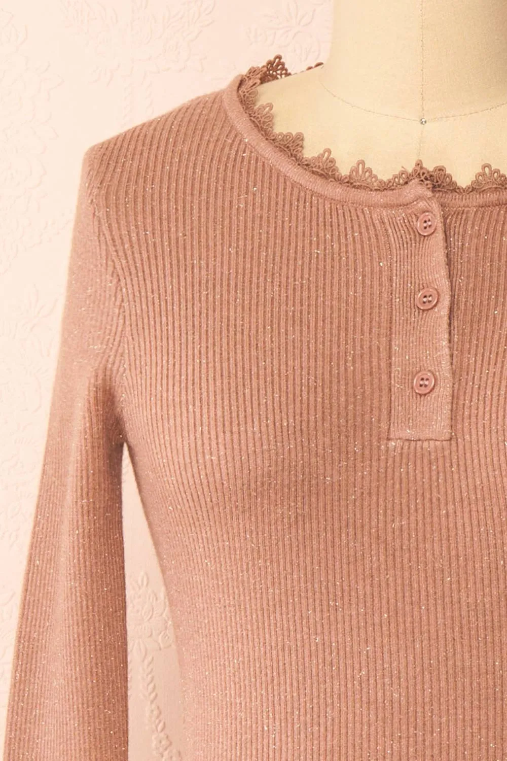 Candra | Mauve Ribbed Top w/ Lace Collar