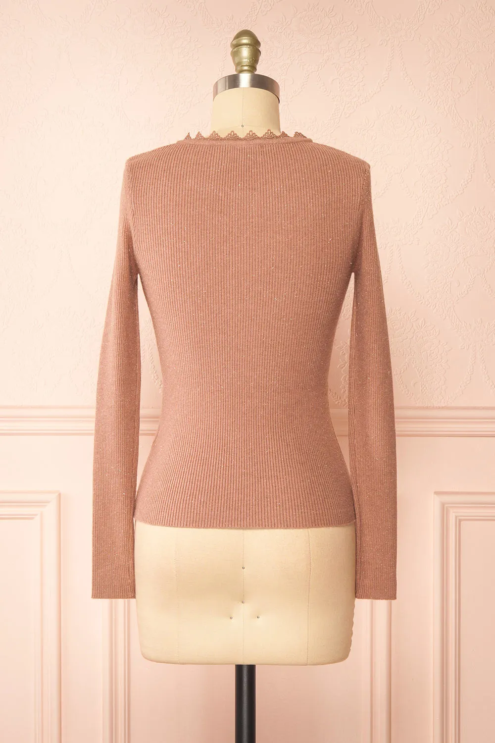 Candra | Mauve Ribbed Top w/ Lace Collar