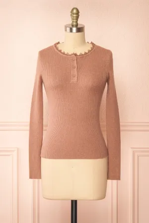 Candra | Mauve Ribbed Top w/ Lace Collar