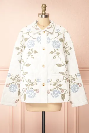 Carolyne | White Quilted Jacket w/ Floral Embroidery