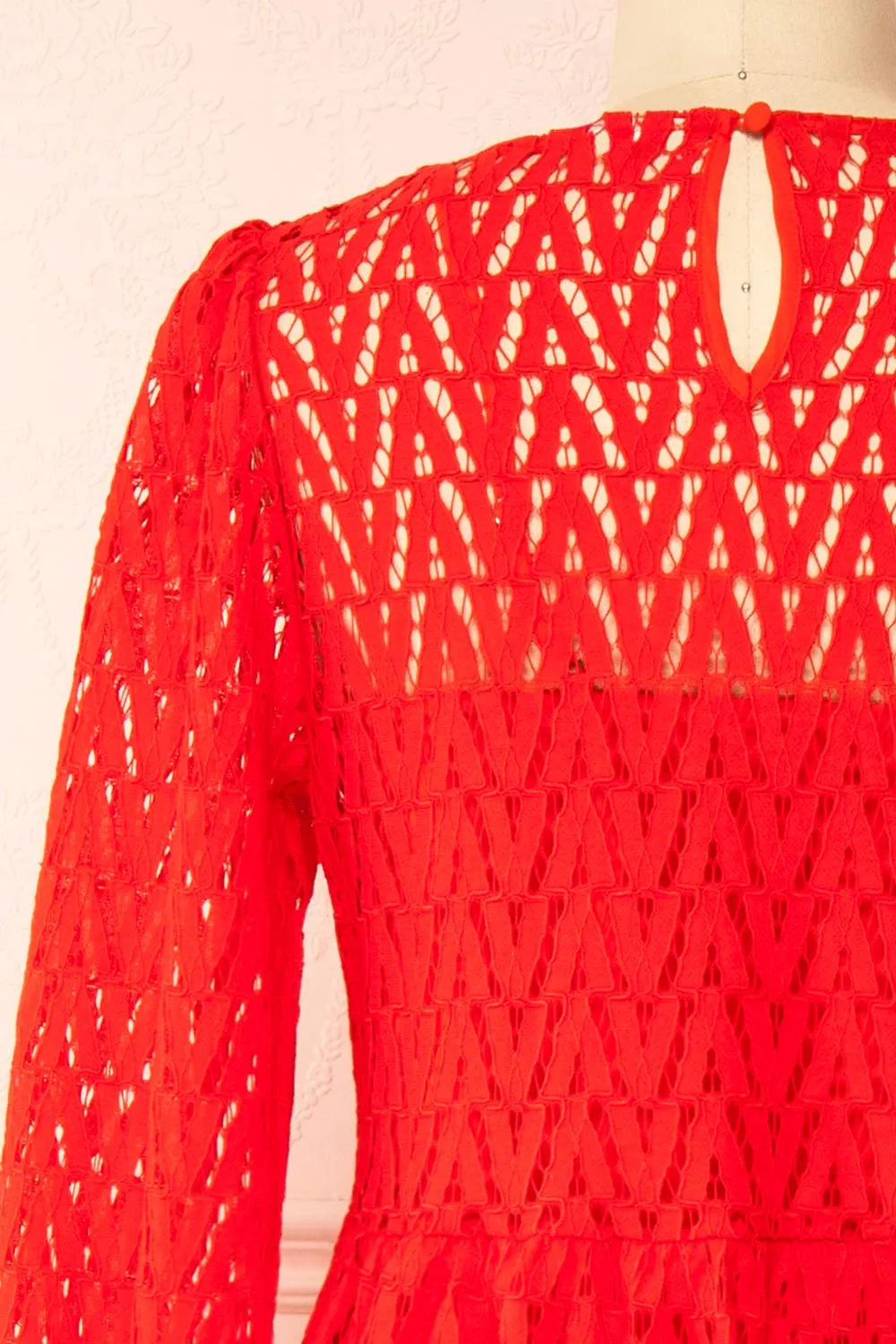 Christina | Red Lace Midi Dress w/ Long Sleeves