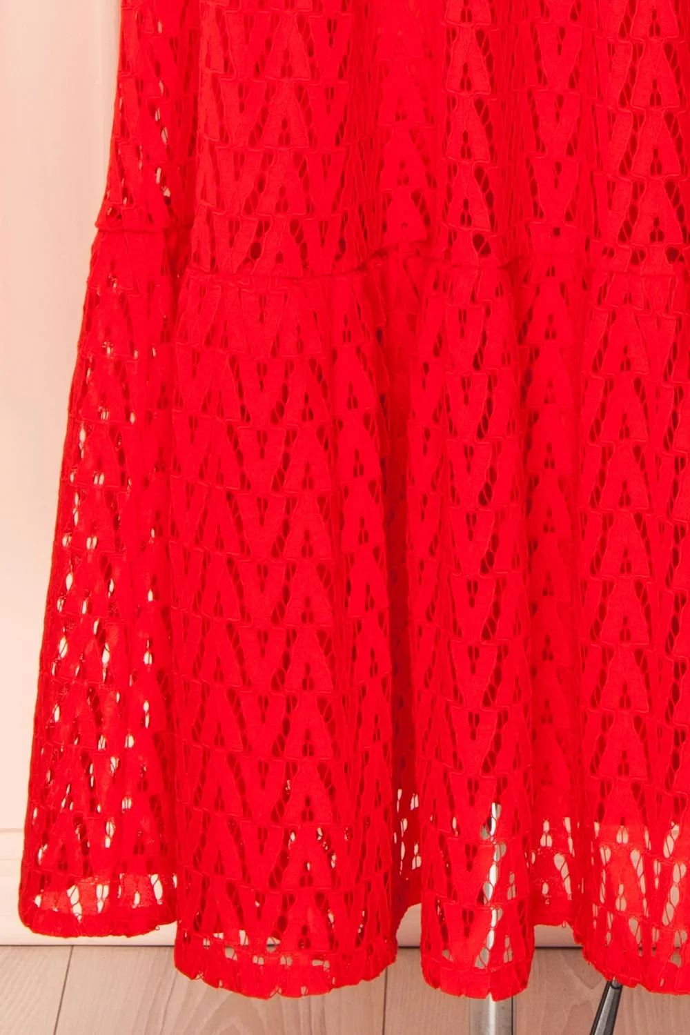 Christina | Red Lace Midi Dress w/ Long Sleeves