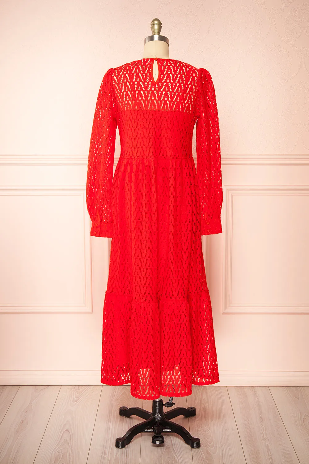 Christina | Red Lace Midi Dress w/ Long Sleeves