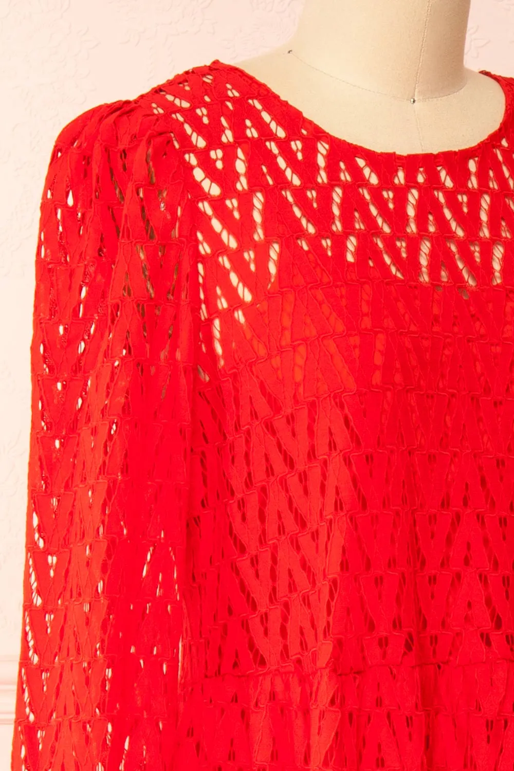 Christina | Red Lace Midi Dress w/ Long Sleeves