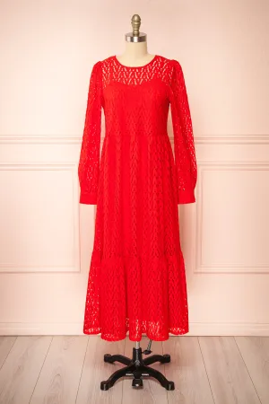 Christina | Red Lace Midi Dress w/ Long Sleeves