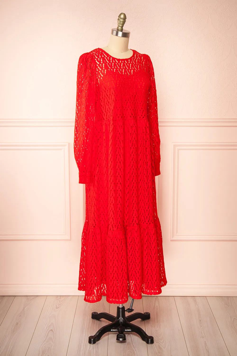 Christina | Red Lace Midi Dress w/ Long Sleeves