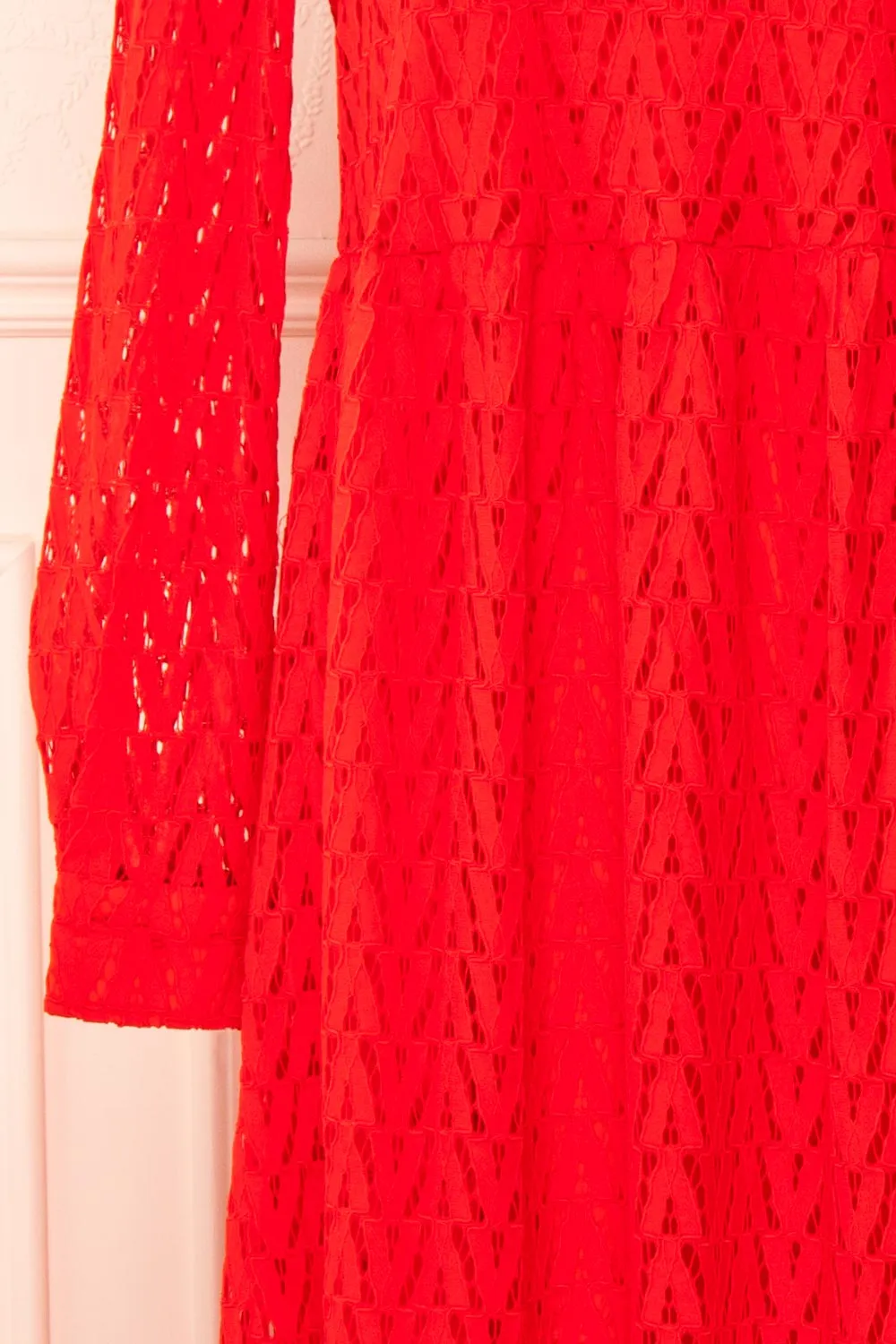 Christina | Red Lace Midi Dress w/ Long Sleeves