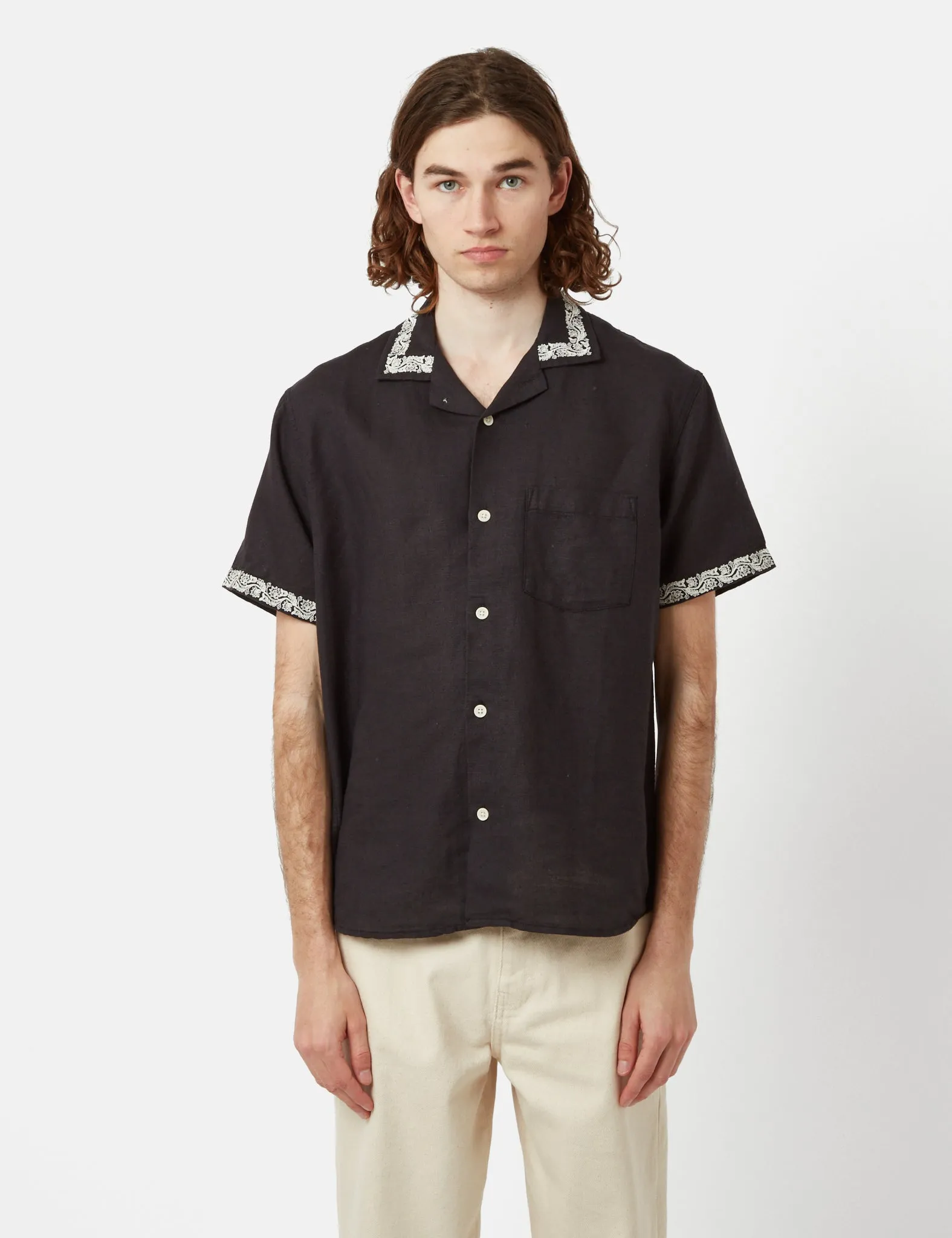 Corridor Hamsa Floral Short Sleeve Linen Shirt - Black