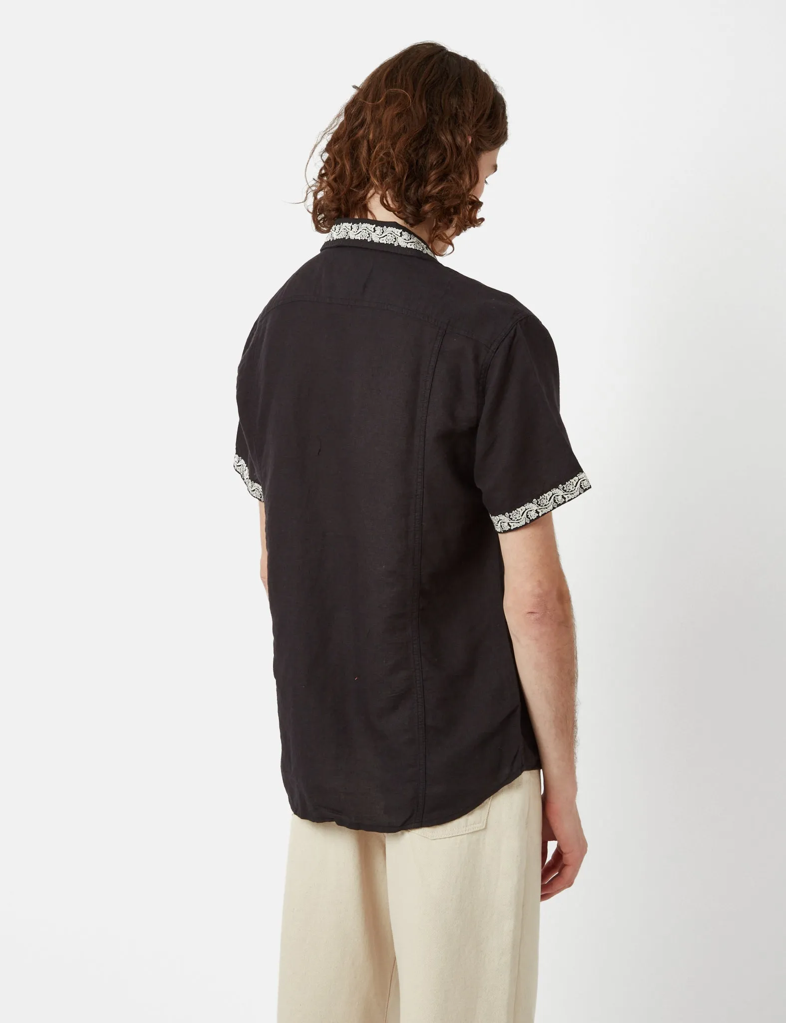 Corridor Hamsa Floral Short Sleeve Linen Shirt - Black