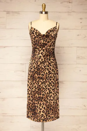Croenen | Cowl Neck Leopard Midi Dress