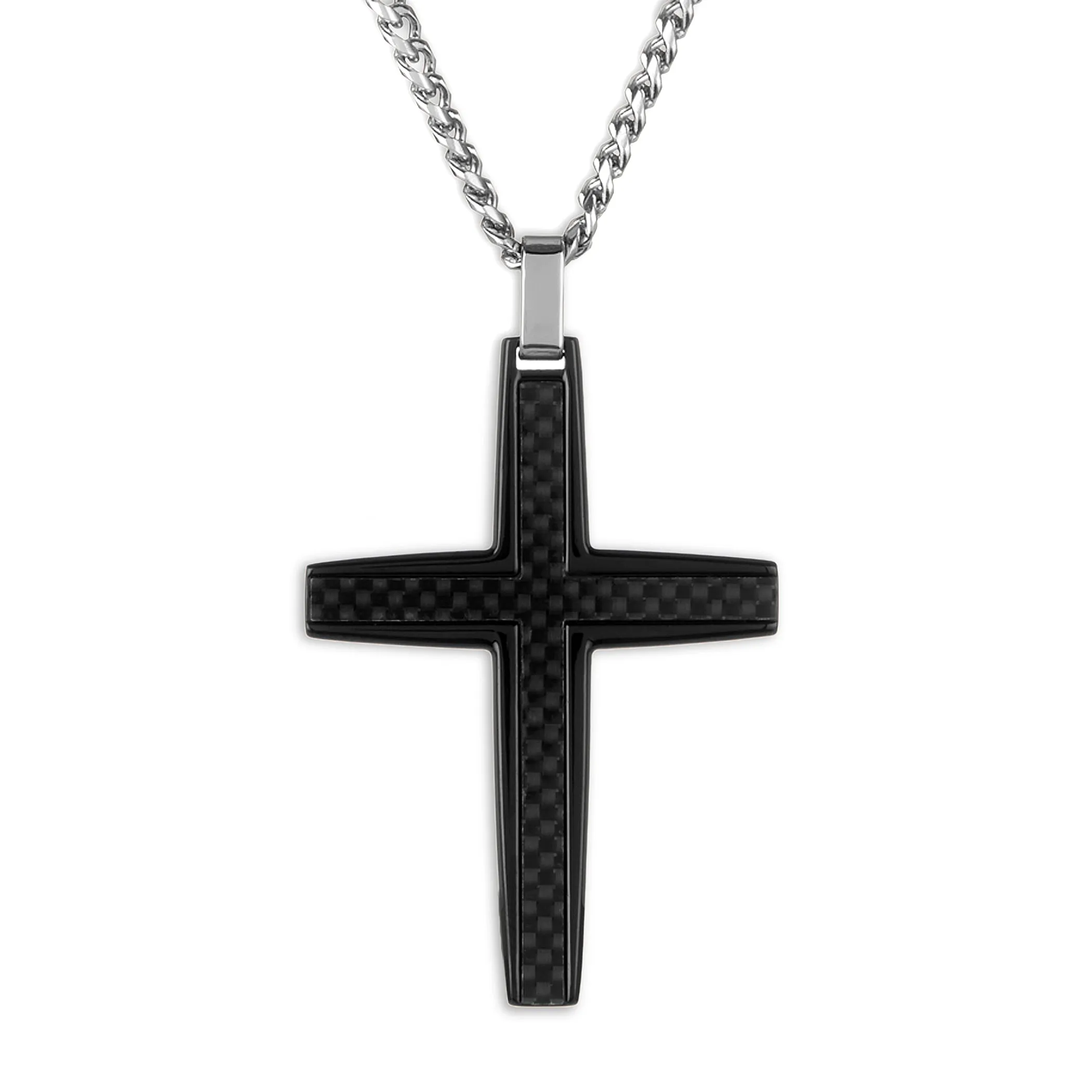 Crucible Los Angeles Black Carbon Fiber Stainless Steel Cross Necklace - Large