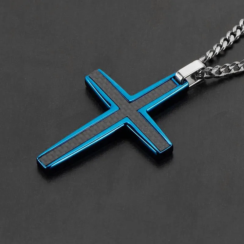 Crucible Los Angeles Black Carbon Fiber Stainless Steel Cross Necklace - Large