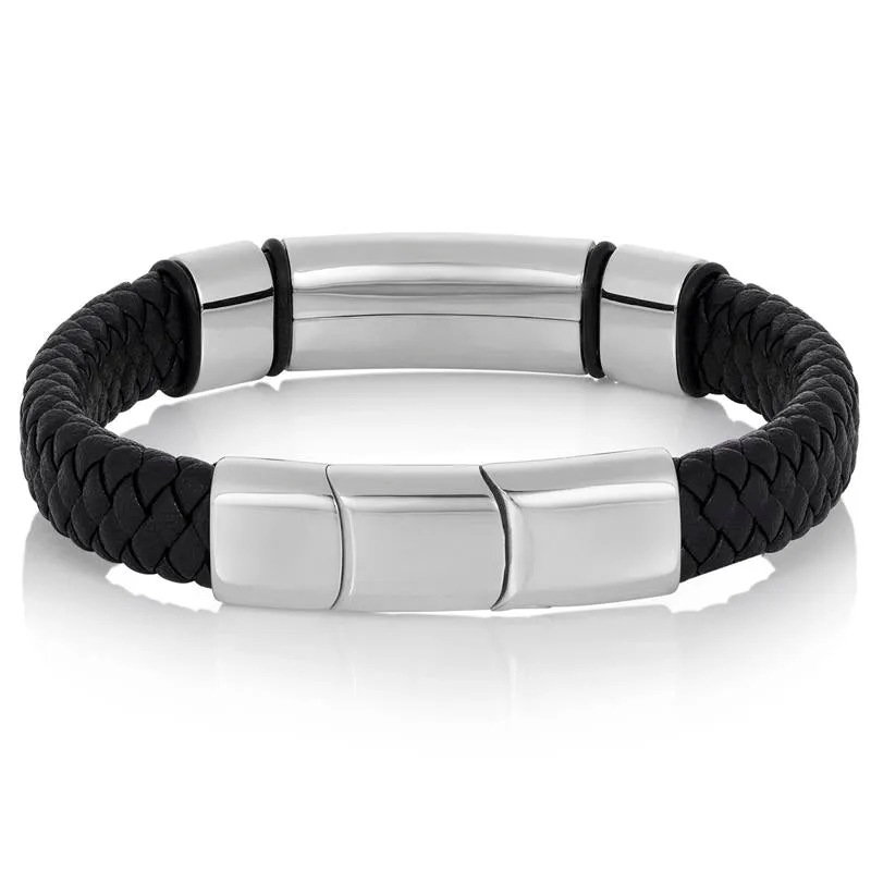 Crucible Los Angeles Black Leather and Stainless Steel Engravable ID Bracelet
