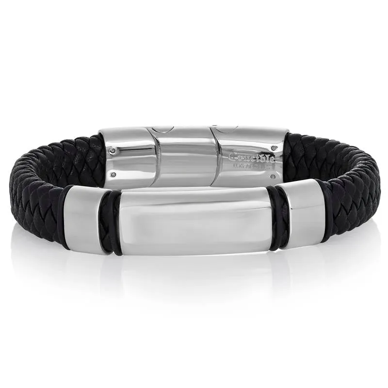 Crucible Los Angeles Black Leather and Stainless Steel Engravable ID Bracelet
