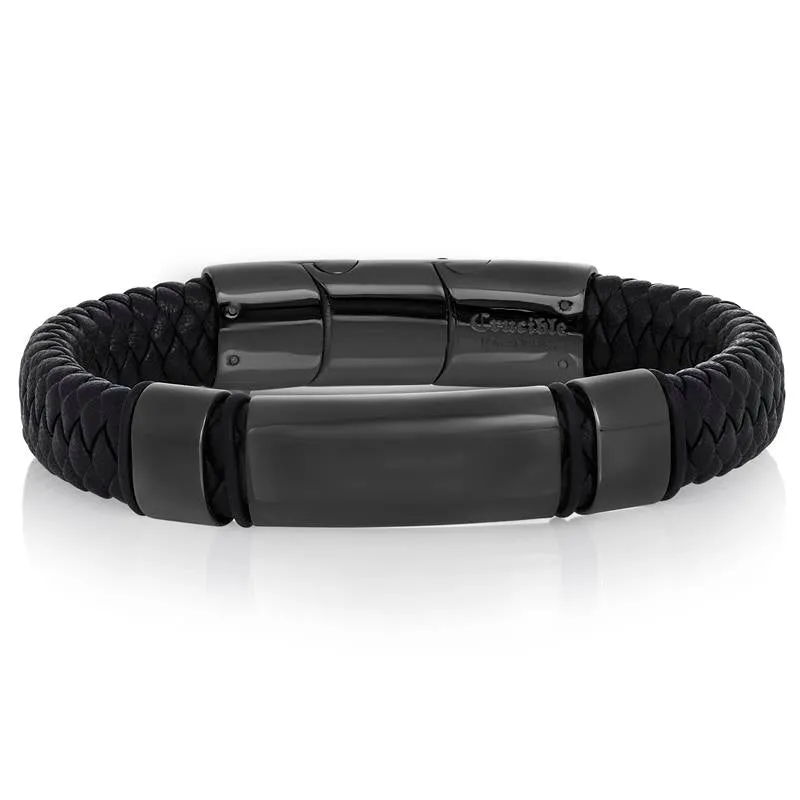 Crucible Los Angeles Black Leather and Stainless Steel Engravable ID Bracelet