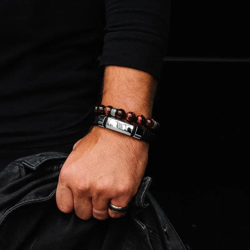 Crucible Los Angeles Black Leather and Stainless Steel Engravable ID Bracelet