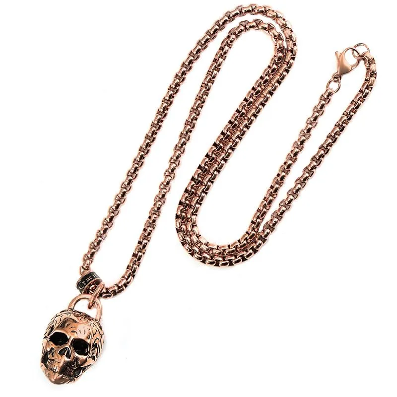 Crucible Los Angeles Blue Stainless Steel 25mm Skull Necklace on 24 Inch 4mm Box Chain