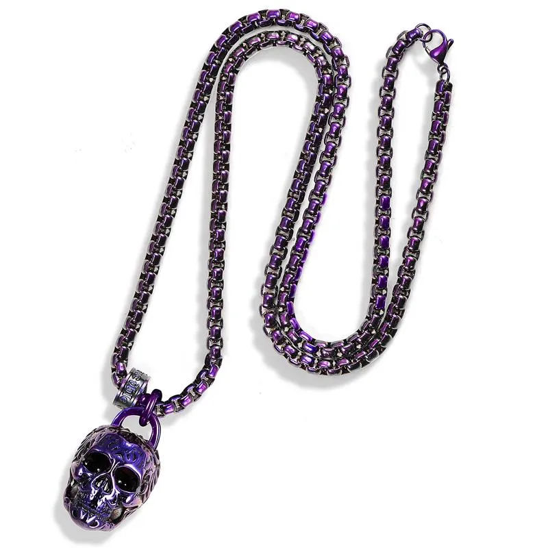 Crucible Los Angeles Blue Stainless Steel 25mm Skull Necklace on 24 Inch 4mm Box Chain