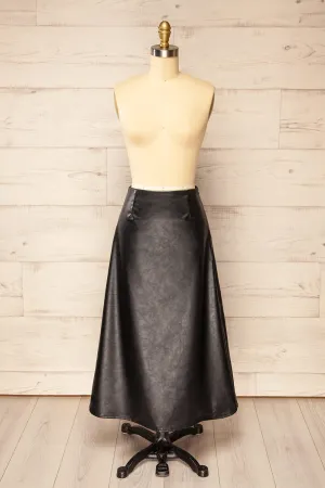 Curatone | Black Faux-Leather Midi Skirt
